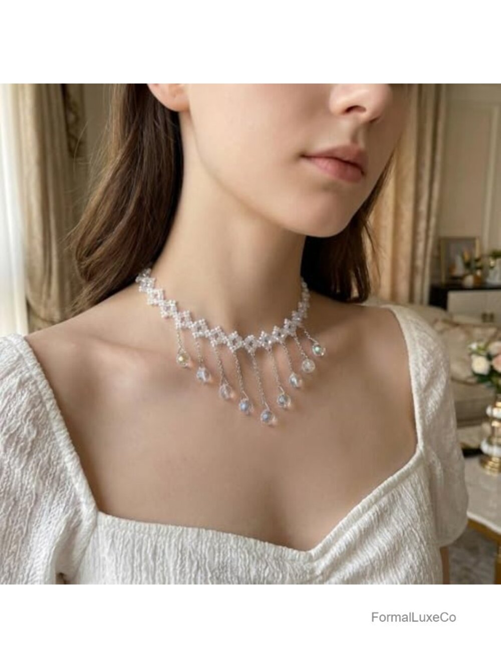 Rhinestone Crystal Tassel Choker Necklace Pearl Beaded Dainty Cubic Zirconia - Picture 4 of 6